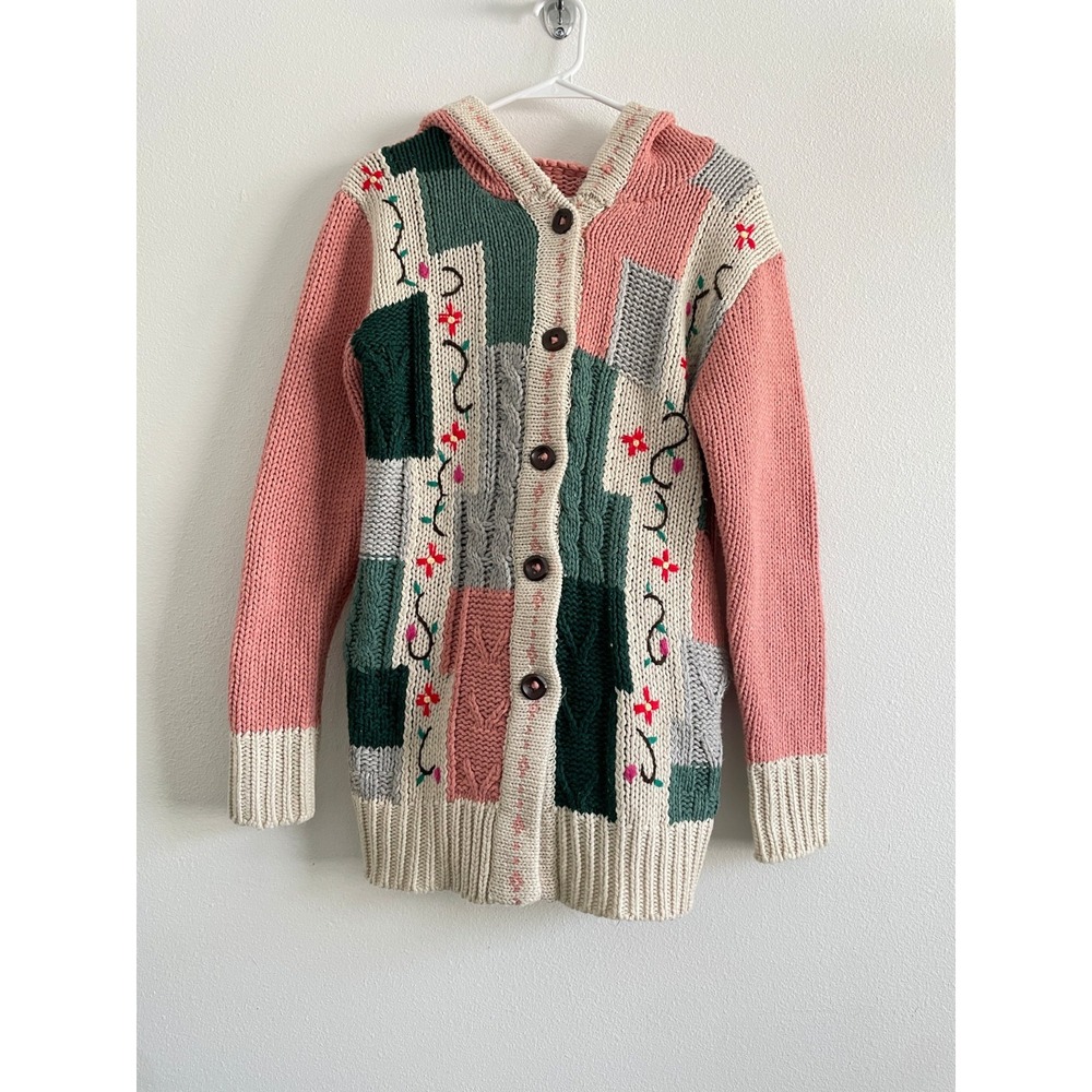 Handknit Sweater‎ Women M Pink Cable Knit Cottage Core Hoodie Tunic Floral